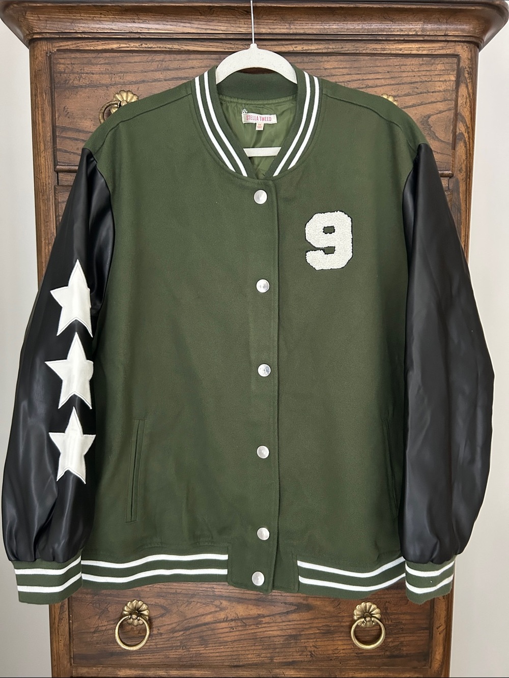 Women’s Stella Tweed Olive Green Varsity Jacket with White Trim, Size 3X